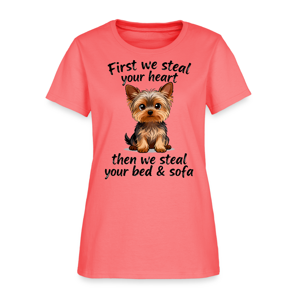 First We Steal Your Heart Yorkies Women's T-Shirt - coral