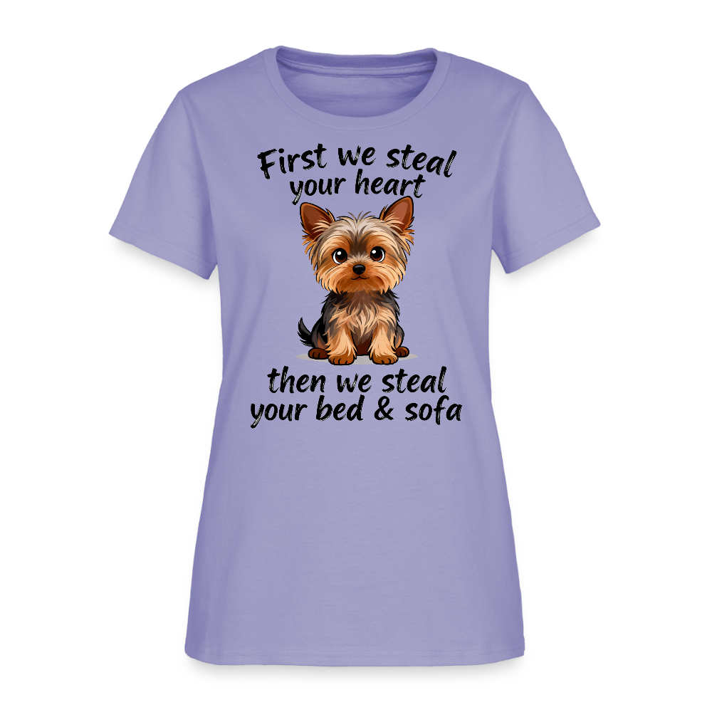 First We Steal Your Heart Yorkies Women's T-Shirt - lavender