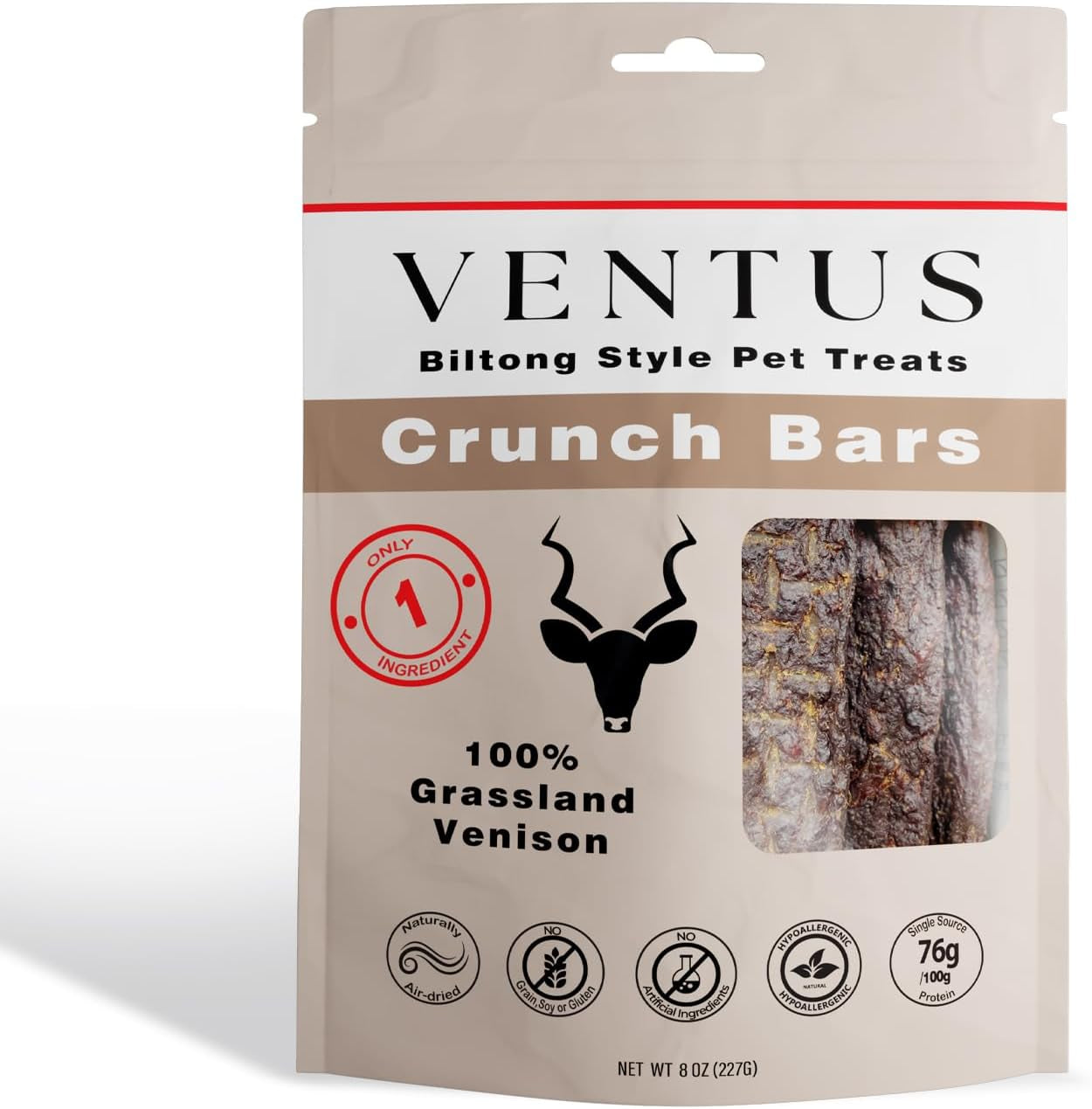 Biltong Style Venison Jerky Crunch Bars for Pets, Ultra Premium Single Ingredient All Natural Air Dried Dog Jerky Sticks, 8 Oz