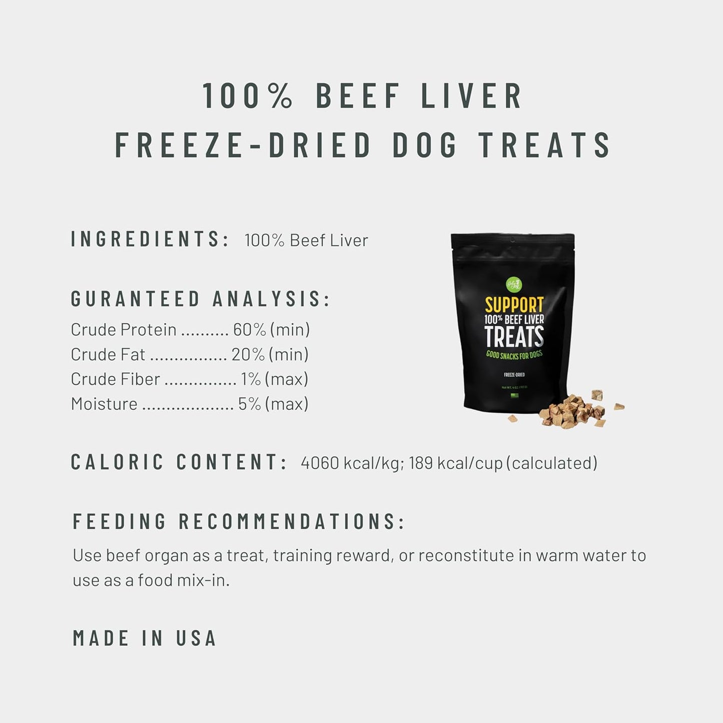 Freeze Dried Superfood 100% Beef Liver Dog Treats, 4 Ounce Bag, Single Ingredient Organ Meat, High Protein, Vision, Skin & Coat Health, Muscle Repair, Grain Free, Gluten Free, Made in USA